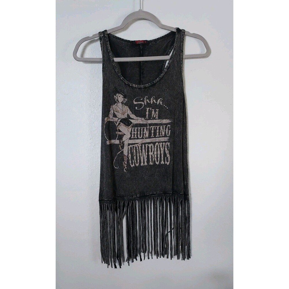 T Party Womens Gray "Shhh I'm Hunting Cowboys" Fringe Tank Top Size Large
